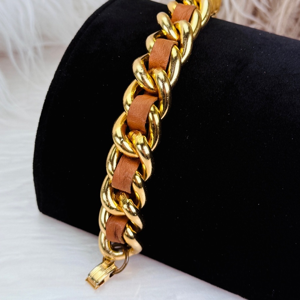 Vintage goldtone chunky chain, brown woven bracelet - Picture 6 of 9